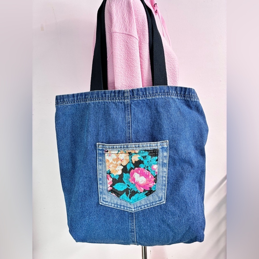 Handmade/Upcycled Denim Shoulder Tote Bag, 17” x 18”, Lined